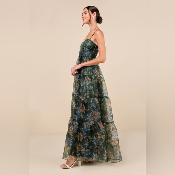 Lulus Exclusive Glamour Green Floral Organza Tiered Maxi Dress L Wedding Prom - Picture 4 of 10